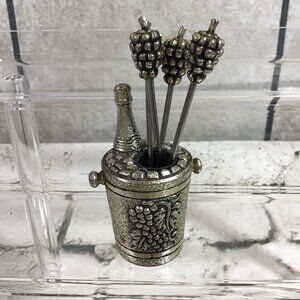 Vintage 1970’s Silver Plated Olive Cocktail Fork Set Wine Bucket Grapes RARE